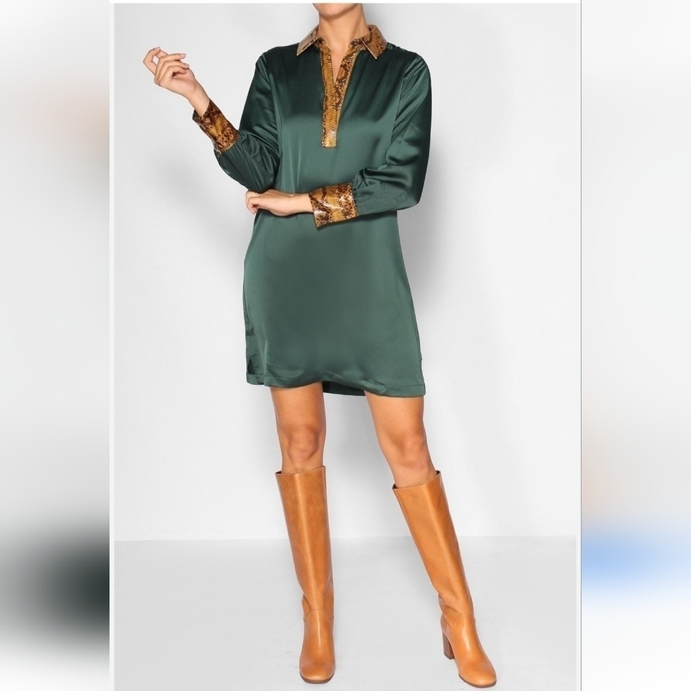 Scotch & Soda Green Satin Dress with Snake-print Collar and Cuffs XS Long Sleeve